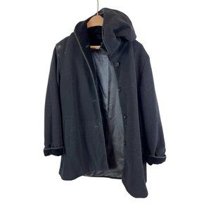 London Fog Hooded Button Up Rope Trim Lined Coat Velvet Black Size 16